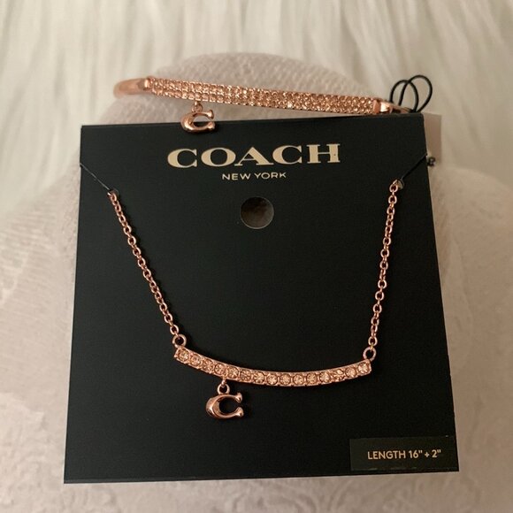 COACH Pave Bar Charm Necklace & Hinged Bangle Set in Rose Gold - Picture 1 of 8